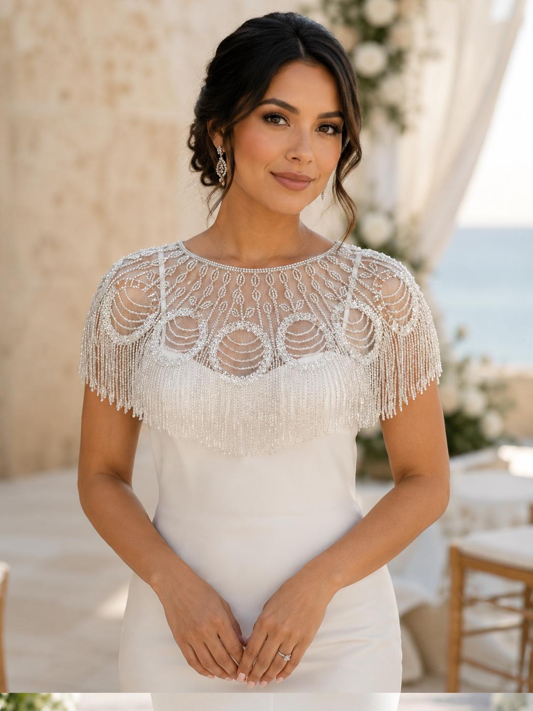 formal dress cover ups and wraps silver Sequin Beaded Shawl Evening Cape Bridal Bolero Shrugs, Black / M