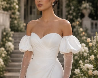 Ivory Bridal Sleeves, Detachable Wedding Sleeves, Puff Sleeve Wedding Dress Topper, Pearl Tulle Arm Sleeves, Soft Bridal Cover Up
