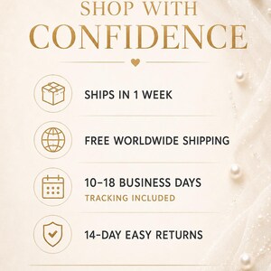 K&ouml;nnte beinhalten: Eine cremefarbene Infografik mit goldenem Text, der SHOP WITH CONFIDENCE lautet. Sie enth&auml;lt Symbole f&uuml;r ein Geschenkpaket, einen Globus, einen Kalender und ein Schild sowie Details zu Versand- und R&uuml;ckgabebedingungen, verziert mit Perlen.