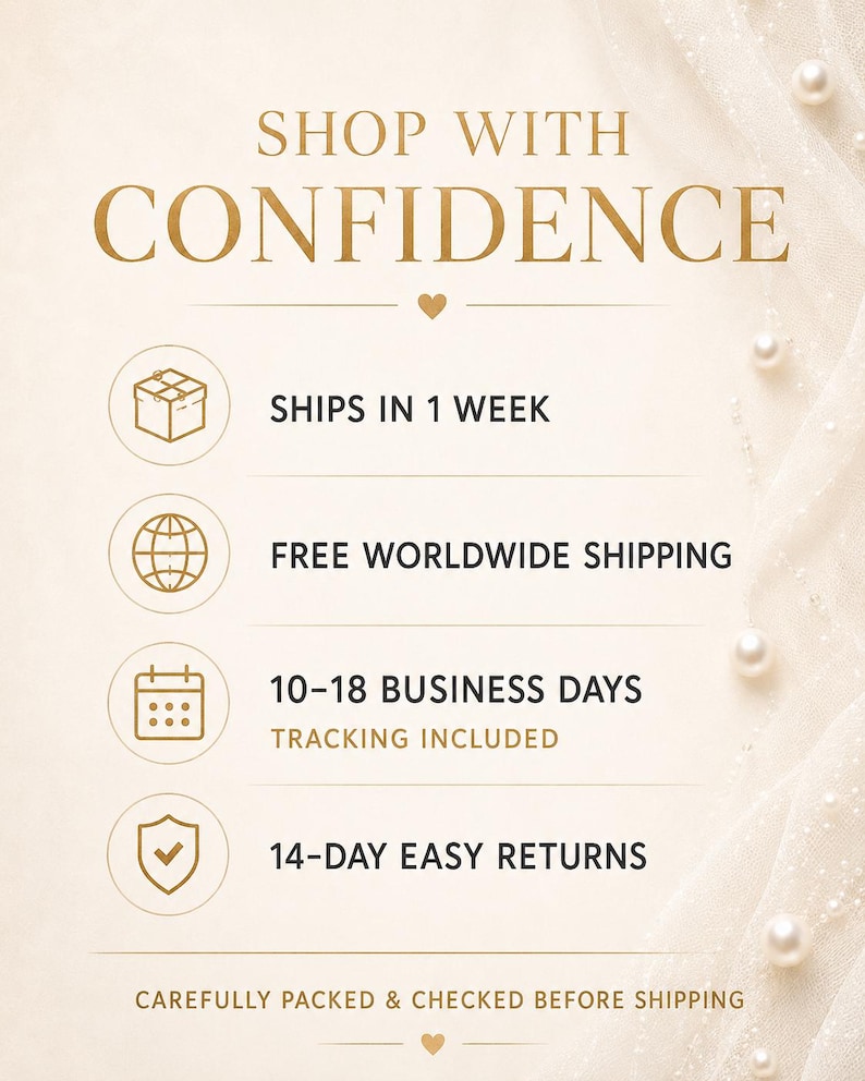 K&ouml;nnte beinhalten: Eine cremefarbene Infografik mit goldenem Text, der SHOP WITH CONFIDENCE lautet. Sie enth&auml;lt Symbole f&uuml;r ein Geschenkpaket, einen Globus, einen Kalender und ein Schild sowie Details zu Versand- und R&uuml;ckgabebedingungen, verziert mit Perlen.
