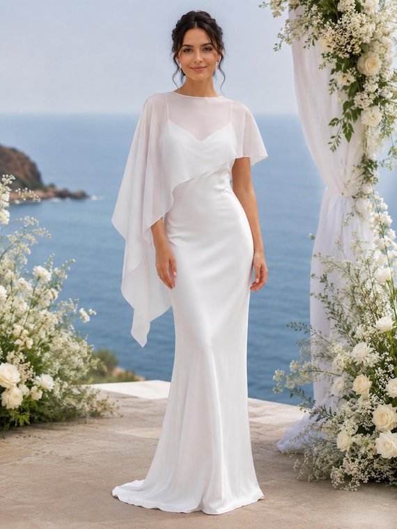 asymmetrical chiffon wedding dress Ivory Bridal Cape, Topper, Sheer Shoulder Cape, Bride Cover Up, Soft Chiffon Capelet Asymmetrical Neckline asymmetric dress Mid Length A-line Dress Color:VINTAGE WHITE