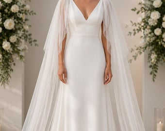 Brautcape mit Schulterpartie, langes Hochzeitscape, Brautcape aus Tüll, transparenter Armschutz, Überwurf für das Brautkleid, abnehmbare Ärmel