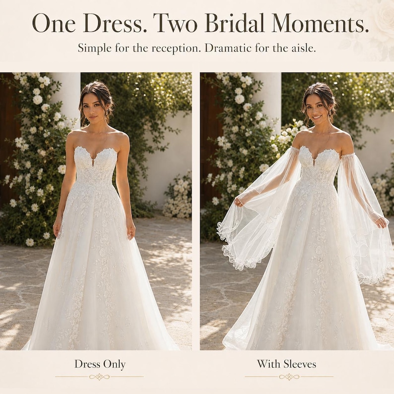 K&ouml;nnte beinhalten: Ein wei&szlig;es tr&auml;gerloses Brautkleid mit floralen Spitzenverzierungen und herzf&ouml;rmigem Ausschnitt. Der Text lautet: One Dress. Two Bridal Moments. Simple for the reception. Dramatic for the aisle. Beschriftungen Dress Only und With Sleeves.