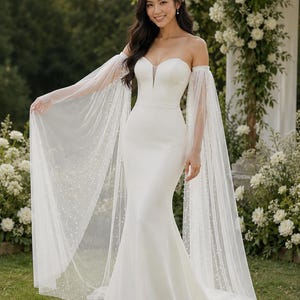 Lange bruidsmouwen, parelmoeren trouwmouwen, afneembare tule mouwen, lange armbedekking tot op de grond, strapless jurktopper
