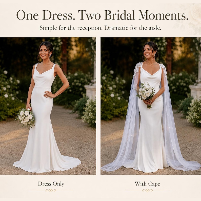 Może przedstawiać: Biała suknia do ziemi z dekoltem typu woda i dopasowaną sylwetką. Tekst głosi: One Dress. Two Bridal Moments. Simple for the reception. Dramatic for the aisle. Drugi widok przedstawia suknię w połączeniu z przezroczystą peleryną do ziemi.
