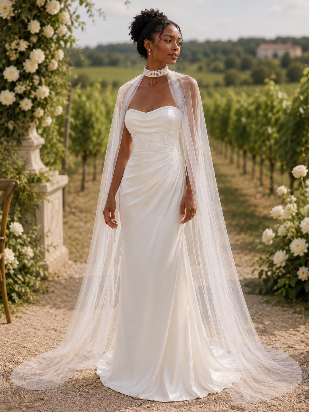Pearl Bridal Cape, Necklace Bridal Cape, Pearl Collar Tulle Cape, Long Wedding Cape, Cathedral Cape, Backless Dress Cover Up