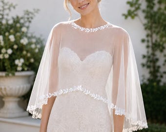 Wedding Dress Topper, Sheer Bridal Capelet, Leaf Lace Bridal Cape, Asymmetrical Wedding Cover Up, Asymmetrical Tulle Bolero