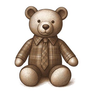 May include: A sepia-toned illustration of a teddy bear wearing a plaid shirt and tie. The bear has a round head, small black eyes, and a button nose. The bear is sitting with its legs extended and its arms at its sides.