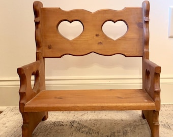Vintage Wooden Doll Bench with Heart Cutouts | Country Farmhouse Toy Display Stand