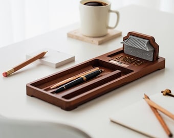 Handgefertigte koreanische Zelkova Holz Keramik Stifteablage - Palace Design Schreibtisch Organizer