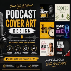 May include: A promotional graphic for podcast cover art design. The design features the text "Podcast Cover Art Design" in large, bold letters, along with examples of podcast covers. The graphic also includes icons and text promoting the services offered.