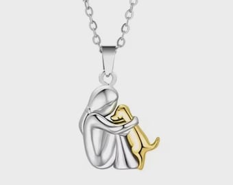 Woman Hugging Dog Pendant Necklace – Gold Finish Pet Lover Jewelry