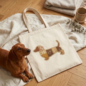 Patchwork Dachshund Tote Bag | Canvas Dog Shopper, Cute Sausage Dog Design