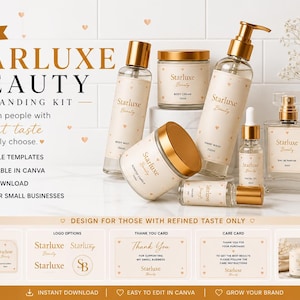以下が含まれることがあります： Starluxe Beautyのブランディングキット。ゴールドのアクセントが施された様々な化粧品が特徴です。ボトル、ジャー、香水瓶など、すべてミニマリストデザインです。キットには、ラベル、カード、モックアップのテンプレートも含まれています。
