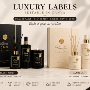 Peut inclure: Publicité pour des étiquettes de parfums de luxe pour la maison. L'image présente des coffrets de parfums, des diffuseurs à roseaux et des bougies noirs et crème. Le texte indique "Luxury Labels, Editable in Canva". L'ensemble Black Oudh est sophistiqué et audacieux, tandis que l'ensemble Vanilla est doux et élégant.
