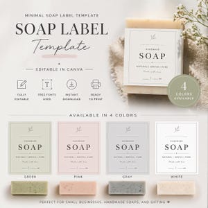 Könnte beinhalten: Eine minimalistische Seifenetikettenvorlage mit dem Text "SOAP LABEL Template" und Symbolen für Bearbeitung, Schriftarten, Download und Druck. Das Bild zeigt vier Farboptionen: Grün, Rosa, Grau und Weiß, mit Seifenstücken. Die Etiketten lauten "HANDMADE SOAP".