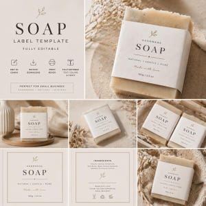 Puede incluir: Una colección de barras de jabón hechas a mano con embalaje minimalista. Las etiquetas dicen "SOAP" e incluyen detalles como "Natural | Gentle | Pure" y "Made with love." Cada barra pesa 100g. La imagen también muestra una plantilla de etiqueta.