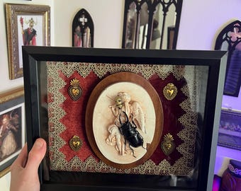 Veil of Sanctity | Gothic Insect Art, Beetle Taxidermy Reliquary, Dark Religious Wall Art