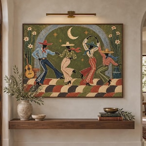 May include: A rectangular wall art print featuring four figures in cowboy hats and western attire dancing in a desert landscape with cacti, a guitar, a crescent moon, and stars, set against a green background with a striped foreground.