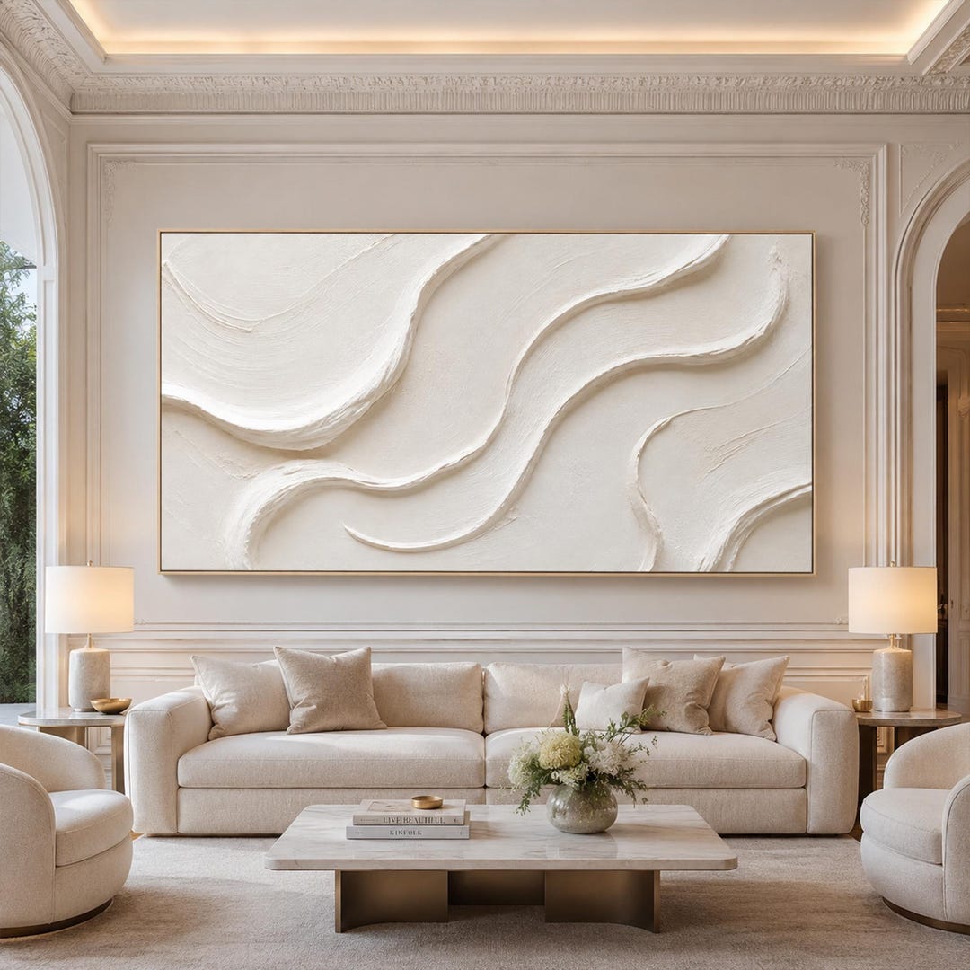 Large White Sculptural Wall Art Textured Abstract Painting 3D 