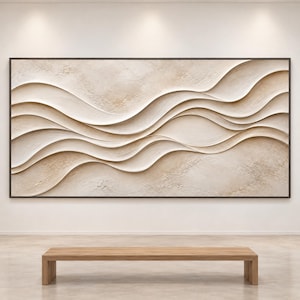 May include: A large rectangular wall art piece featuring a textured, beige, and off-white surface with raised, sweeping, wave-like horizontal lines that create a sense of depth and movement across the entire composition within a thin dark frame.