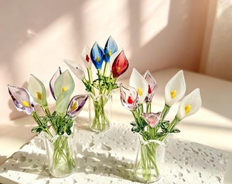 Flor de cristal del mes de nacimiento, regalo del Día de la Madre para mamá, ramo de calas de cristal soplado a mano, ramo de flores de cristal, regalo único para mamá, ella y sus amigas.