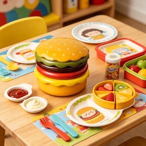 May include: A colorful children's meal set featuring a burger-shaped container, plates, and small bowls. The set includes a burger-shaped container, plates with cartoon illustrations, and small bowls with ketchup and mayonnaise.