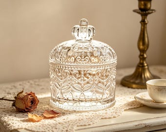 Vintage Glass Jar with Lid, Crystal Style Storage Jar, Decorative Candy Jar, Retro Bathroom Organizer