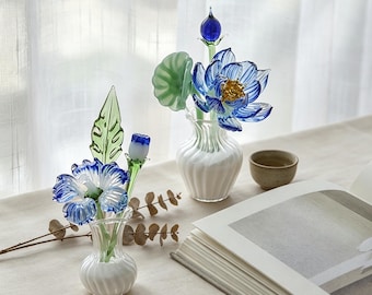 Jarrón de cristal para flores, adorno botánico en miniatura, decoración floral azul, regalo estético para el hogar.