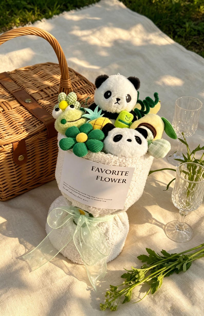 Puede incluir: Un ramo caprichoso con osos panda de peluche, juguetes con forma de fruta verde y amarilla y una gran flor verde. El ramo est&aacute; envuelto en tela blanca y atado con una cinta verde claro. El texto "FAVORITE FLOWER" est&aacute; impreso.