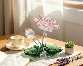 Figura de flor de loto de cristal, decoración floral romántica de vidrio, regalo para el Día de la Madre, decoración vintage para el hogar y la oficina.