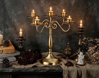 Five Arm Gold Candelabra, Vintage Style, Wedding Centerpiece, Candle Holder, Home Decor