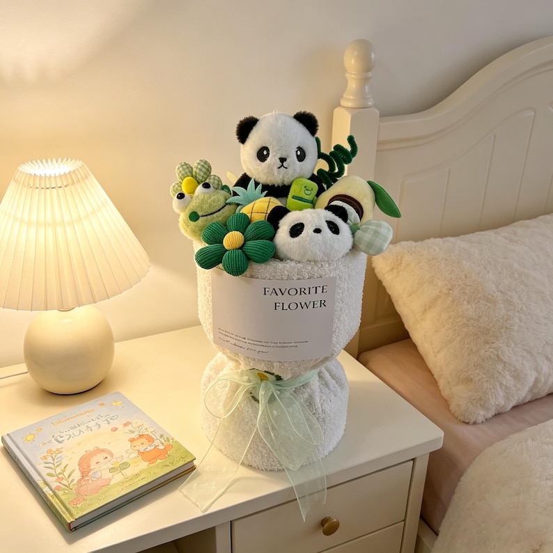 Puede incluir: Un ramo de peluches que incluye pandas, una rana y una flor, dispuestos en un recipiente blanco texturizado. El ramo est&aacute; atado con una cinta verde claro y presenta una etiqueta que dice "FAVORITE FLOWER". Una l&aacute;mpara y un libro son visibles en el fondo.
