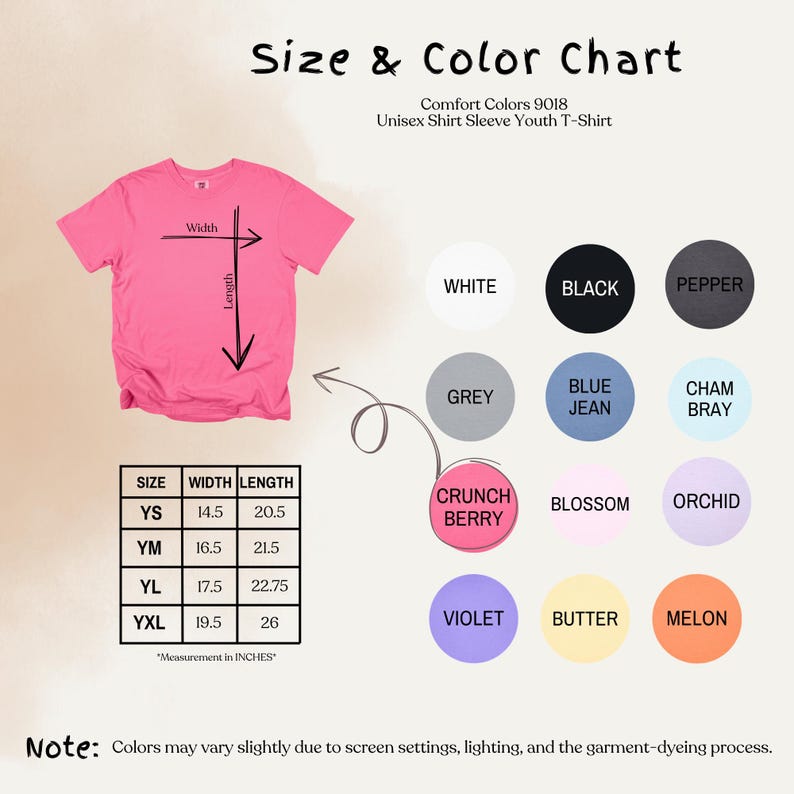 May include: A pink short-sleeve youth t-shirt with a size and color chart. The chart displays width and length measurements in inches for sizes YS, YM, YL, and YXL. Color swatches include white, black, pepper, grey, blue jean, chambray, crunch berry, blossom, orchid, violet, butter, and melon.