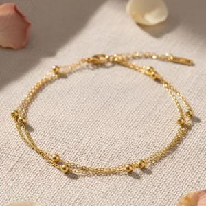 Dainty Double Layer Gold Bead Bracelet, Minimalist Stacking Jewelry, Delicate Layered Chain, Elegant Adjustable Bracelet Gift for Women