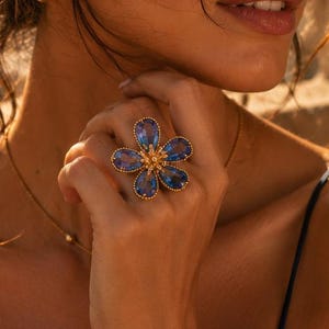 Blue Flower Ring, Adjustable Floral Ring, Statement Flower Jewelry, Womens Ring