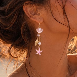 Starfish Shell Earrings, Ocean Dangle Earrings, Beach Jewelry, Pink Sea Star Earrings, Coastal Boho Jewelry, Vacation Gift for Her