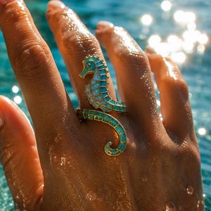Zeepaardjesring, Oceaanring, Verstelbare gouden ring, Strandjuweel, Opaalring, Kustjuweel, Zomerse statementring, Cadeau voor haar