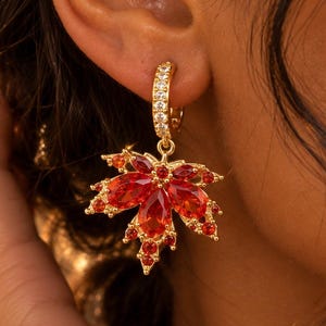 Maple Leaf Earrings, Red Crystal Fall Earrings, Gold Maple Leaf Jewelry, Autumn Dangle Earrings, Sparkly Leaf Earrings, Nature Gifts for Her
