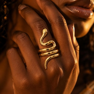 Op de afbeelding: Een gepolijste goudkleurige ring in de vorm van een kronkelende slang die om de vinger wikkelt. Het metalen oppervlak is glad en reflecterend, met een duidelijke kop aan de bovenkant en een toelopende staart aan de onderkant in een spiraal.