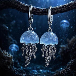 Jellyfish Hoop Earrings, Blue Ocean Aesthetic Style, Unique Statement Jewelry, Gift for Her