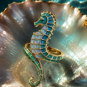 Peut inclure: Bague en forme d'hippocampe doré, ornée d'incrustations turquoise et opale. La bague est posée sur une surface nacrée, la forme de l'hippocampe épousant le doigt. Le design de la bague est détaillé et élégant.