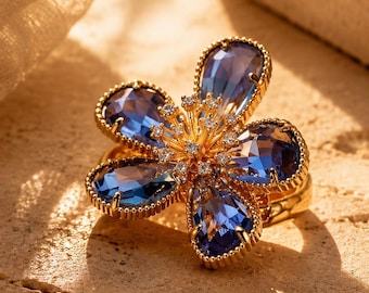 Ring met blauwe bloem, gouden statementring, verstelbare ring met bloemenmotief, elegante cocktailring, roestvrijstalen ring, cadeau voor haar