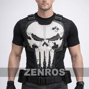 Puede incluir: Camiseta negra con chaleco de diseño de calavera blanca. El chaleco tiene correas ajustables y un cinturón con bolsillos. La imagen también muestra guantes negros y un reloj. La marca "ZENROS" es visible.