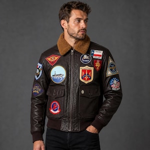 Mens Top Gun Style Aviator Leather Jacket Vintage Pilot Flight Bomber Military Patches Retro Biker Jacket Gift for Him