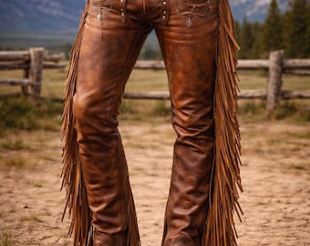 Men’s Handmade Leather Fringe Pants Cowboy Chaps – Vintage Western Rodeo Style Leather Pants for Men