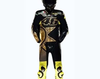 Valentino Rossi 46 Leather Motorcycle Racing Suit – Black Golden Yellow.