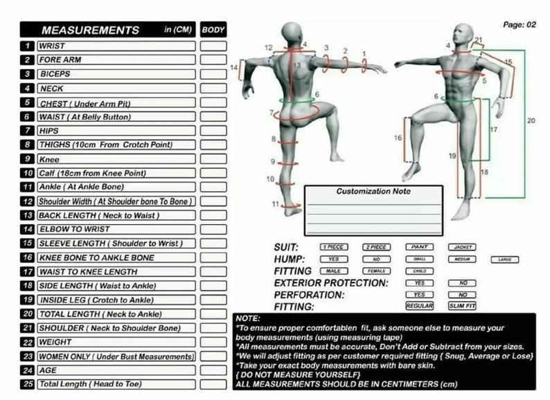 Puede incluir: Un diagrama detallado de medidas corporales en cent&iacute;metros, incluyendo mu&ntilde;eca, b&iacute;ceps y cintura. La imagen presenta dos figuras masculinas con l&iacute;neas de medici&oacute;n, una secci&oacute;n de notas de personalizaci&oacute;n y detalles de ajuste.