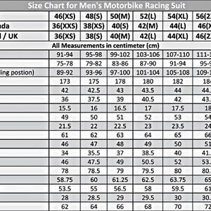 May include: Size chart for a men's motorbike racing suit, with measurements in centimeters. Includes chest, waist, hip, full length, and other dimensions. Sizes range from 46(XS) to 60(4XL).