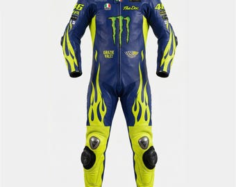 Traje de carreras de cuero de una pieza para motocicleta MotoGP YAMAHA 46, color azul marino y amarillo.